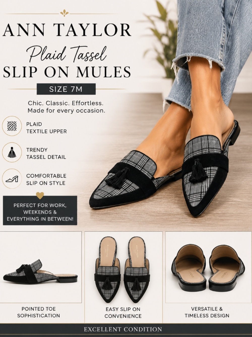 Ann Taylor Factory Plaid Tassel Pointed Toe Mules Size 7M